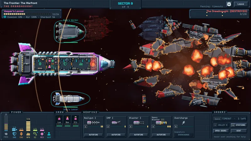 An enemy flagship breaking apart in flames